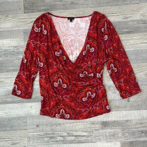 Talbots Red Paisley Faux Wrap Long Sleeve Red Top N22